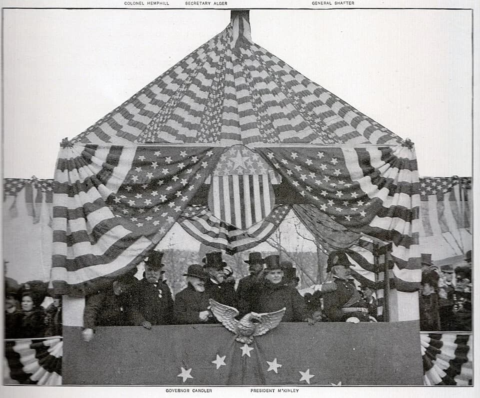 William McKinley - President William McKinley (just to the right of center) on the reviewing stand for the Atlanta Peace Jubilee Parade, December 15, 1898.  Georgia Governor Allen D. Candler is to his