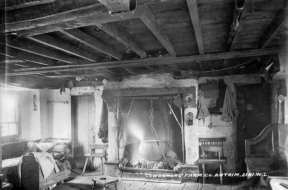 William McKinley - Apparently this was the ancestral home of William McKinley, 25th US President?
The rafters were used for storage.
Date: 1890s?

NLI Ref.: L_CAB_02181