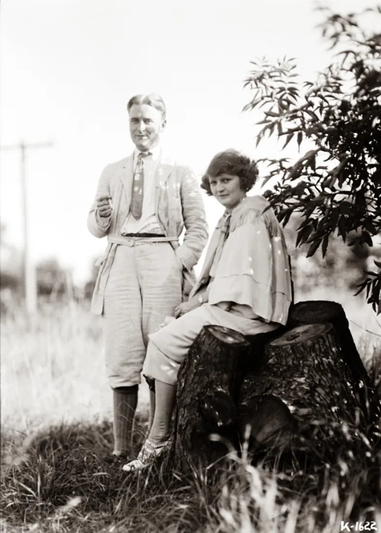 F. Scott Fitzgerald - Black-and-white photographic portrait of writer F. Scott Fitzgerald and wife Zelda at Dellwood, one month before daughter Scottie's birth. Courtesy of the Minnesota Historical So