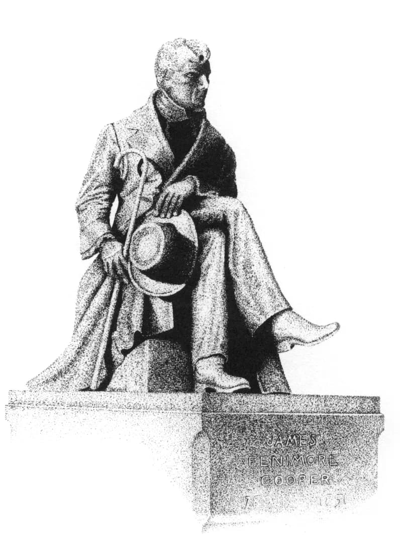 James Fenimore Cooper - Pen and ink drawing of the James Fenimore Cooper statue in Cooperstown, NY.