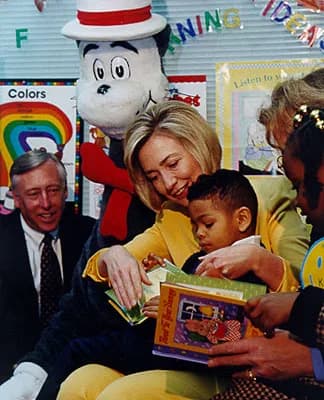 Dr. Seuss - First Lady Hillary Rodham Clinton reads Rosemary Wells's book Read To Your Bunny to children at a Learning Ideas bookstore in District Heights, Maryland, on March 2, 1998, as part of Read