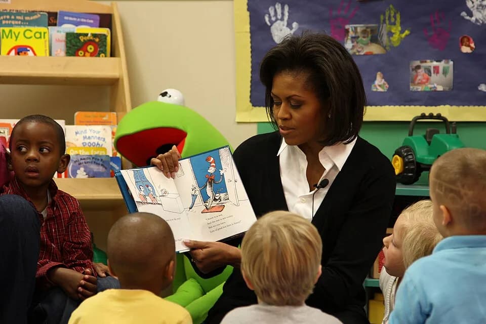 Dr. Seuss - First Lady Michelle Obama reads "The Cat in the Hat" to children in Ms. Mattie's class at Prager Child Development Center March 12, during her visit to Fort Bragg, N.C. The First Lady spok