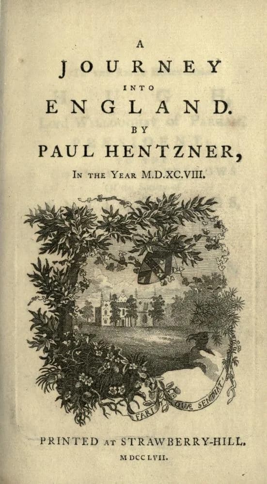 Horace Walpole - Title page of Hentzner's Journey into England, published by Horace Walpole at the Strawberry Hill Press, 1757