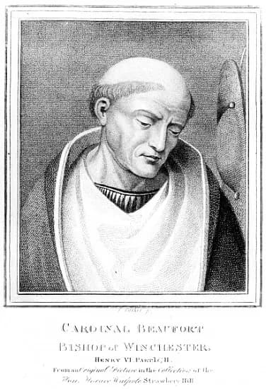 Horace Walpole - Portrait of Henry Beaufort, Bishop of Winchester. Description: the face is turned to the right, he wears a cope on his shoulders, a galero (cardinal's hat) is hanging on the wall. Thi