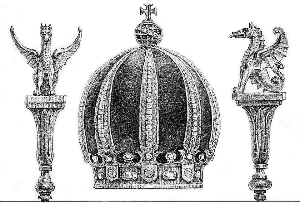 Pedro I of Brazil - Side views of dragon at top of imperial scepter, and imperial crown of the Empire of Brazil.  Used by Emperor Dom Pedro I of Brazil. Drawing by Jean Baptiste Debret, done during hi