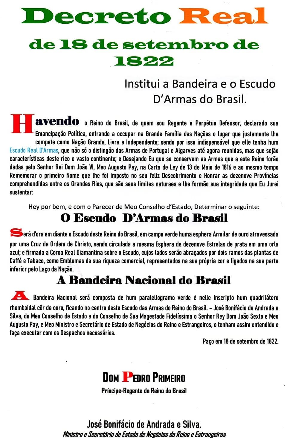 Pedro I of Brazil - Réplica do decreto em que Dom Pedro I institui o brasão e a bandeira do Brasil.