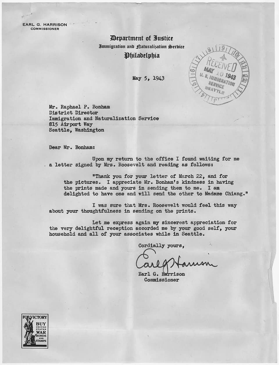 Soong May-ling - Scope and content:  This document originates from the Chinese Exclusion Act case file for Soong May Ling (wife of Chiang Kai-shek).