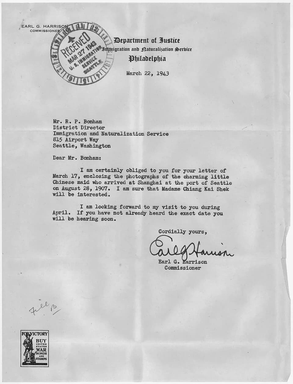 Soong May-ling - Scope and content:  This document originates from the Chinese Exclusion Act case file for Soong May Ling (wife of Chiang Kai-shek).