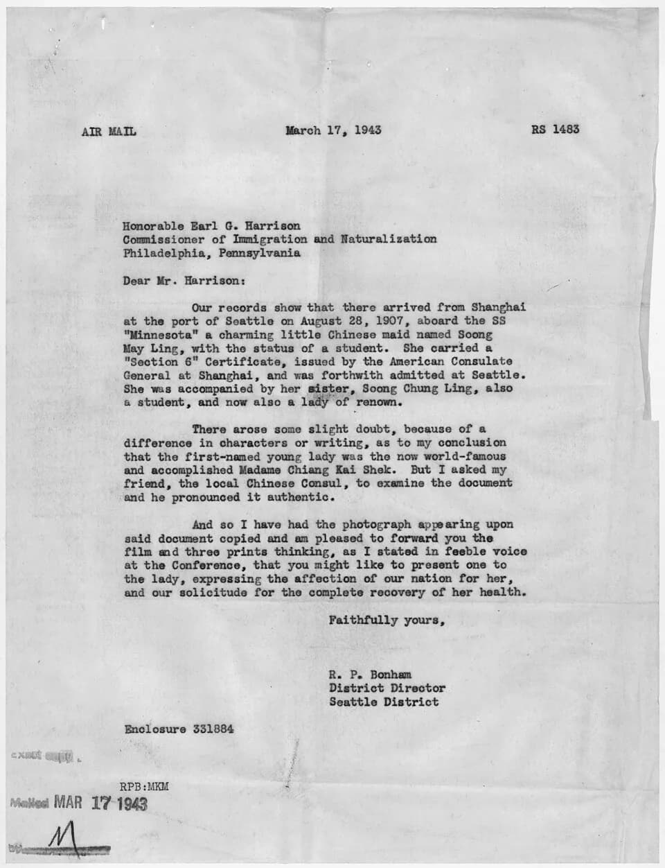 Soong May-ling - Scope and content:  This document originates from the Chinese Exclusion Act case file for Soong May Ling (wife of Chiang Kai-shek).