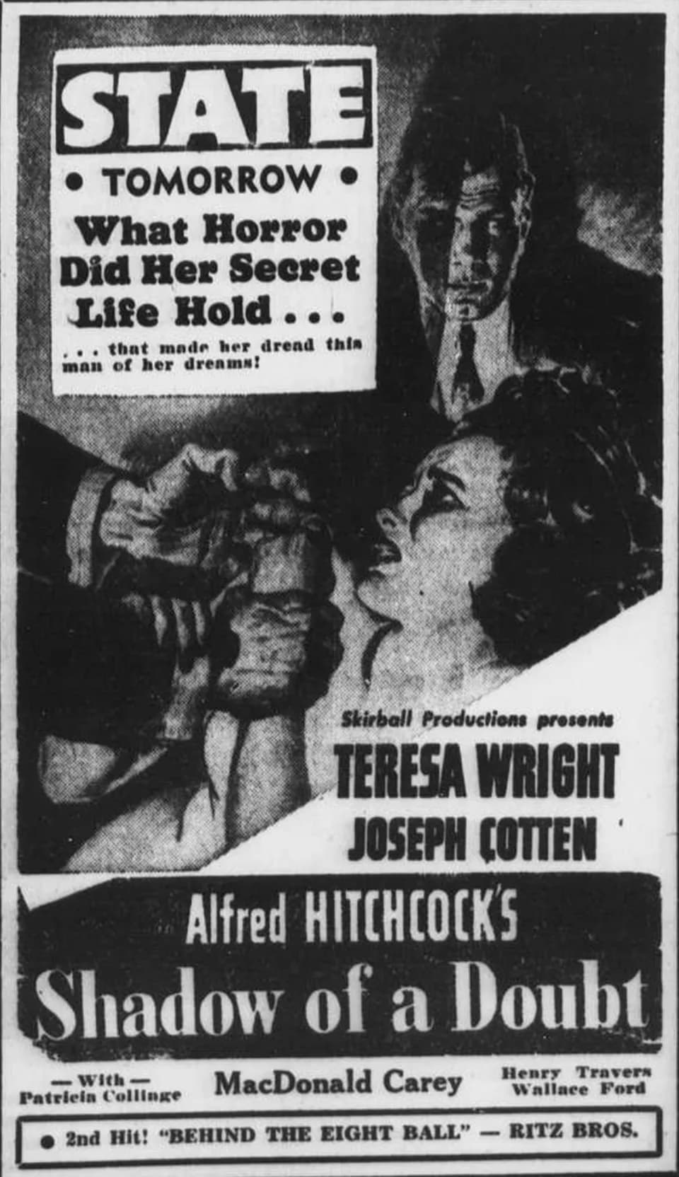 Teresa Wright - State Theatre advertisement for the film, Shadow of a Doubt. 9 February 1943.