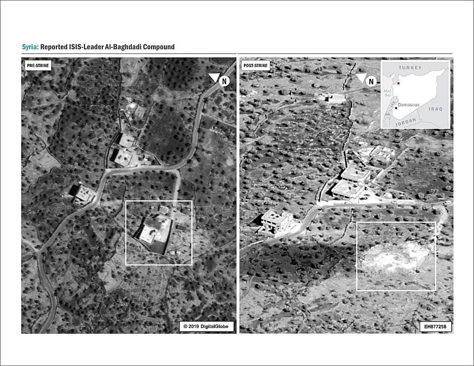 Abu Bakr al-Baghdadi - DOD Photo. A side-by-side comparison of the compound before and after the raid. No collateral damage to adjacent structures Oct. 26, 2019.