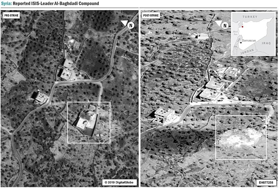 Abu Bakr al-Baghdadi - DOD Photo. A side-by-side comparison of the compound before and after the raid. No collateral damage to adjacent structures Oct. 26, 2019.