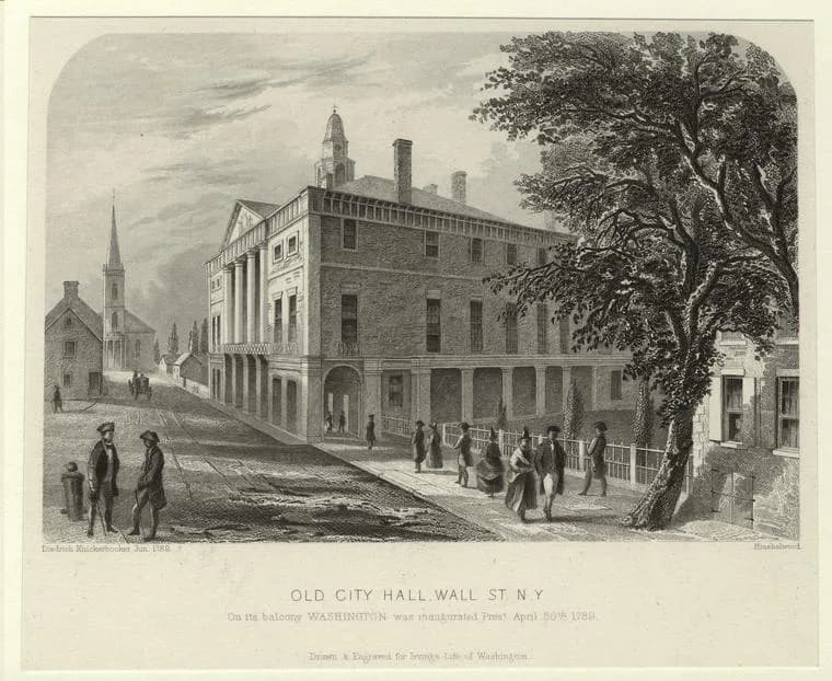 Washington Irving - "Old City Hall, Wall St., N.Y." Steel engraving by Robert Hinshelwood, from Washington Irving's Life of George Washington, 5 vol. (1855-59).
