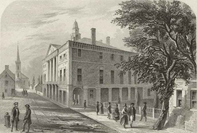 Washington Irving - "Old City Hall, Wall St., N.Y." Steel engraving by Robert Hinshelwood, from Washington Irving's Life of George Washington, 5 vol. (1855-59).