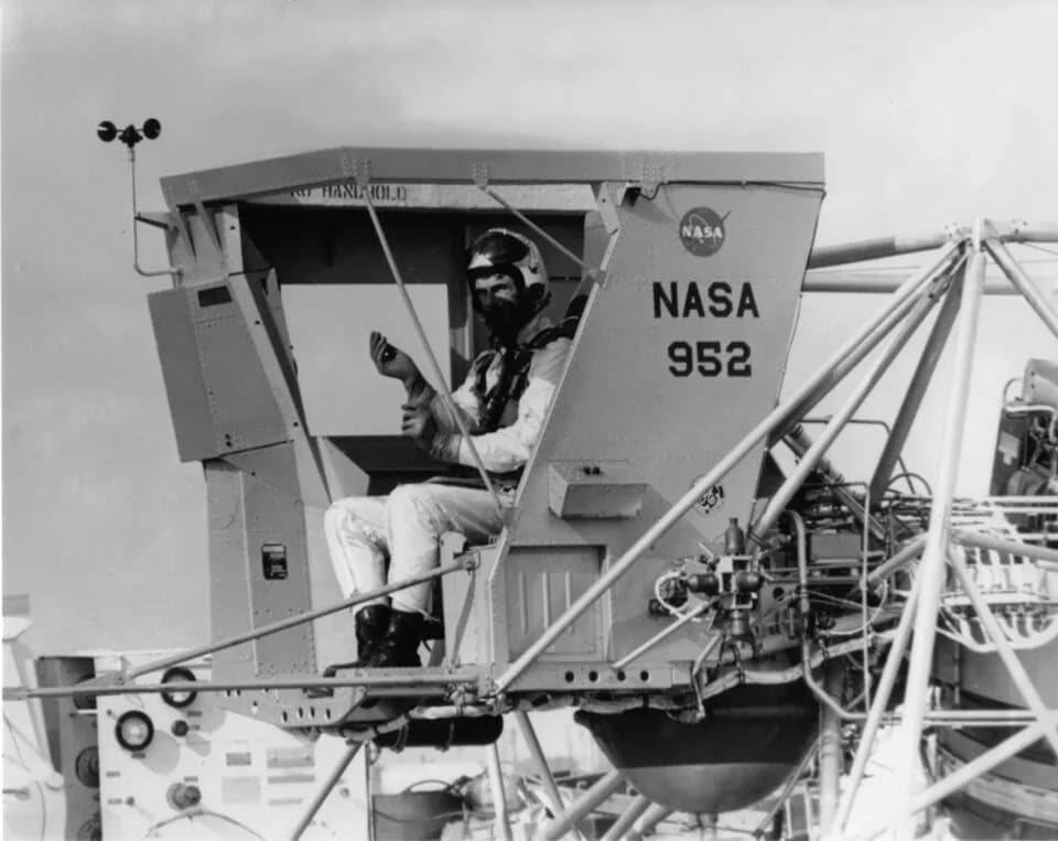 Eugene Cernan - NASA astronaut Gene Cernan in the cabin of NASA 952, the only Lunar Landing Training Vehicle (LLTV) to survive to the end of the Apollo program.  NASA photo in public domain.