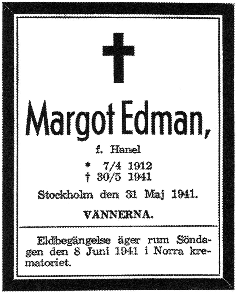 Karin Boye - Dödsannons för Margot Edman (Margot Hanel), 1912–1941.