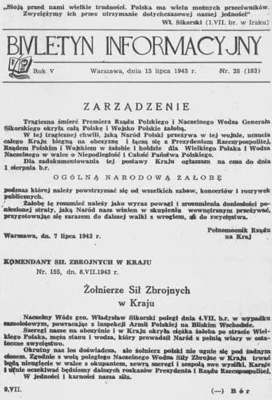 Władysław Sikorski - Front page of Polish underground magazine, Biuletyn Informacyjny concerning the death of general Władysław Sikorski