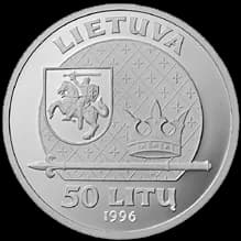 Mindaugas - 50 litas coin
issued to honour Mindaugas, the King of Lithuania
(From the series "The Rulers of Lithuania") 
    
Silver Ag 925 
Quality proof 
Diameter 34.00 mm
Weight 23.30 g 
The words 