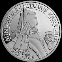 Mindaugas - 50 litas coin
issued to honour Mindaugas, the King of Lithuania
(From the series "The Rulers of Lithuania") 
    
Silver Ag 925 
Quality proof 
Diameter 34.00 mm
Weight 23.30 g 
The words 