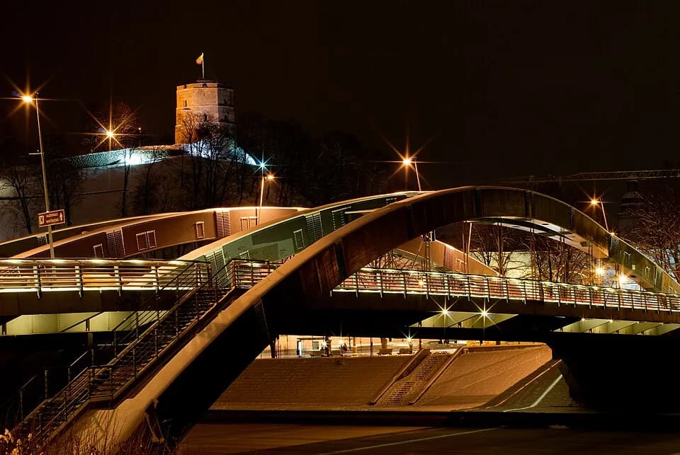 Mindaugas - King Mindaugas bridge and Gediminas castle in the heart of Vilnius, Lithuania on a cold and snowy winter night.

View On Black
