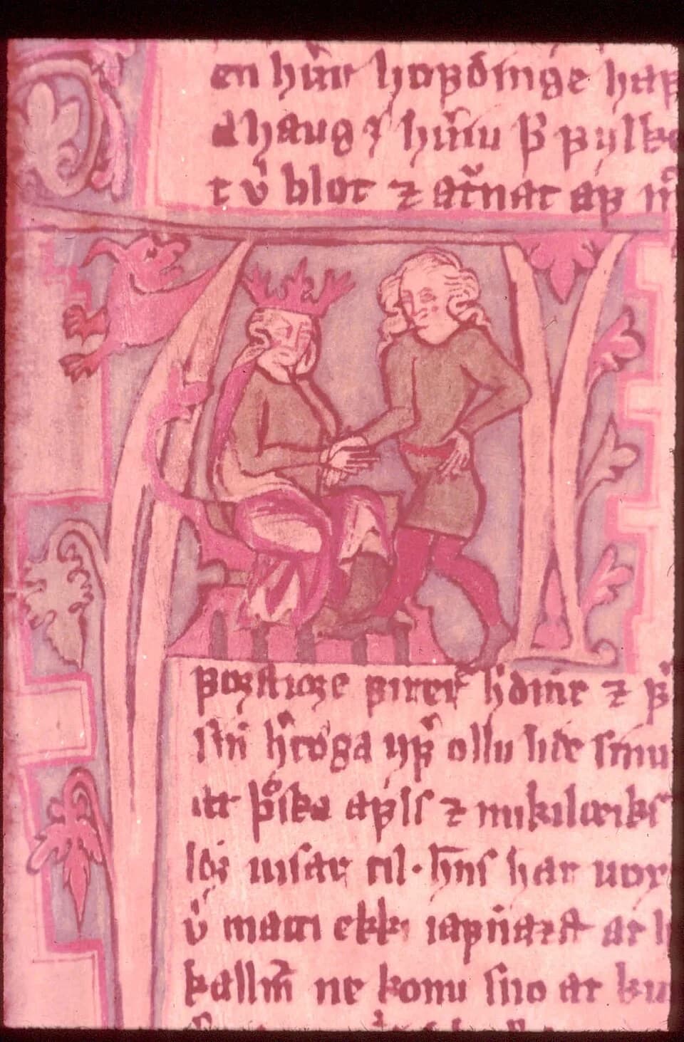 Harald Fairhair - King Harold Fairhair takes over the kingdom of his father, Halfdan the black. Miniature from Flateyjarbok.