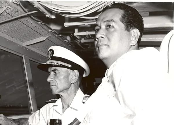 Diosdado Macapagal - Philippine President Diosdado Macapagal on the bridge of the USS Oklahoma City in 1962.