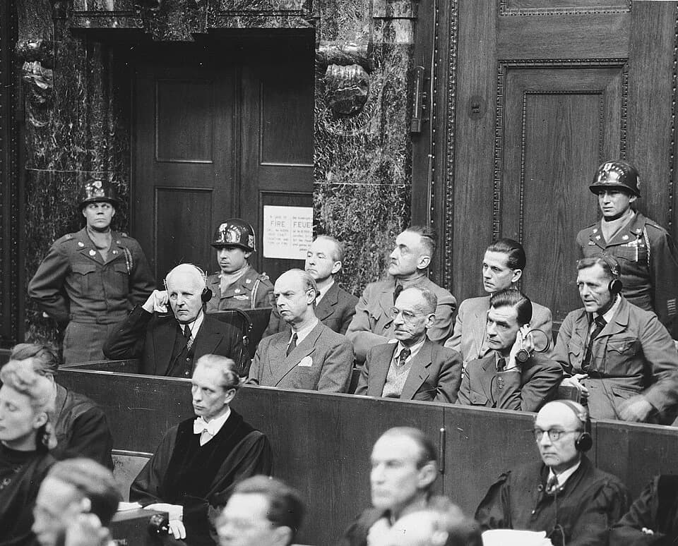 Lutz Graf Schwerin von Krosigk - The defendants of the Ministries Trial sit in the dock.