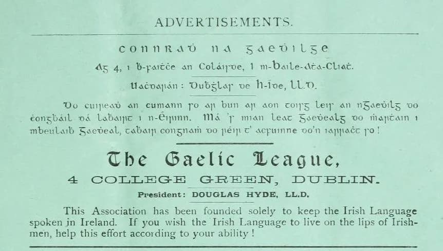 Douglas Hyde - Advertisement for Gaelic League in Gaelic Journal, Volume 5, nr 3 June 1894