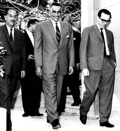 Ahmed Hassan al-Bakr - The heads of the Iraqi, Egyptian and Syrian delegations, respectively, during triparite unity talks in Cairo. From left to right: Iraqi Prime Minister Ahmed Hassan al-Bakr, Egyp