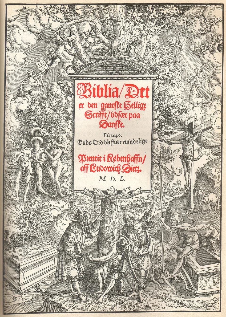 Christian III of Denmark - Cover of Christian III:s Bible, the first complete translation of the Bible to Danish.A large tree divides the image between events from the Old Testament and the New Testam