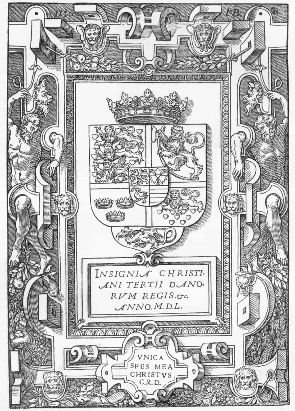 Christian III of Denmark - Coat of arms of Christian III of Denmark and Norway, as depicted in the Danish Bible published by the same monarch, 1550. Illustration created by Jakob Binck.
