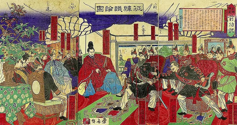 Saigō Takamori - Seikanron debate (Japan). Saigō Takamori is sitting in the center. 1877 painting.
