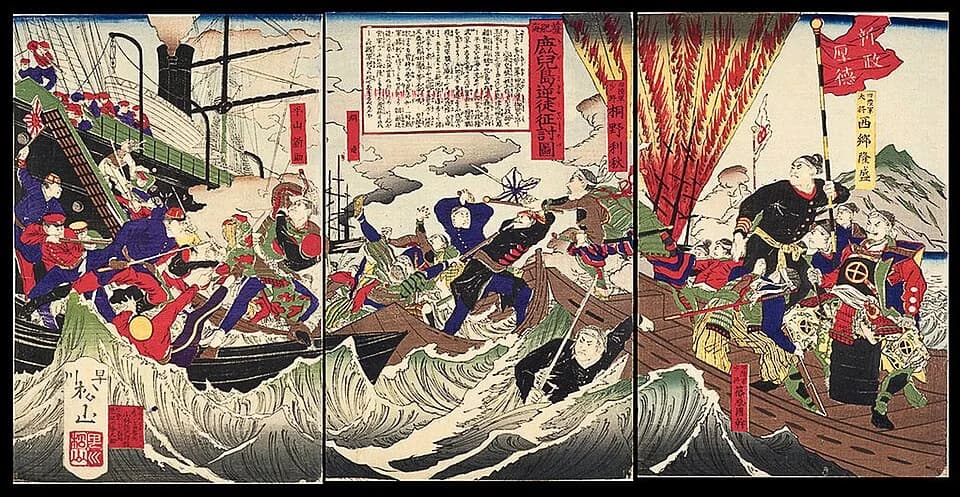Saigō Takamori - Kagoshima_battle during the Satsuma rebellion, Woodblock print (nishiki-e); ink and color on paper