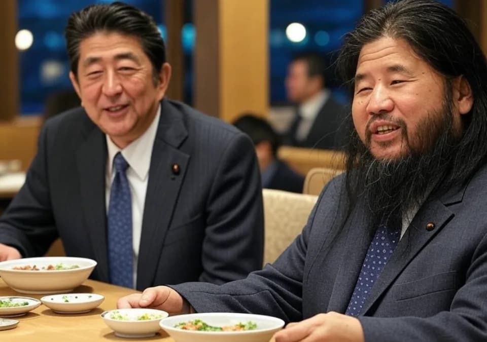Shōkō Asahara - Deepfake created using generative AI depicting a dinner meeting between Shoko Asahara and Shinzo Abe