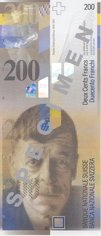 Charles Ferdinand Ramuz - Front of the 200 Swiss Francs banknote. Part of the 8th series of Swiss Bank notes, issued in 1996.