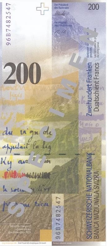 Charles Ferdinand Ramuz - Back of the 200 Swiss Francs banknote. Part of the 8th series of Swiss Bank notes, issued in 1996.