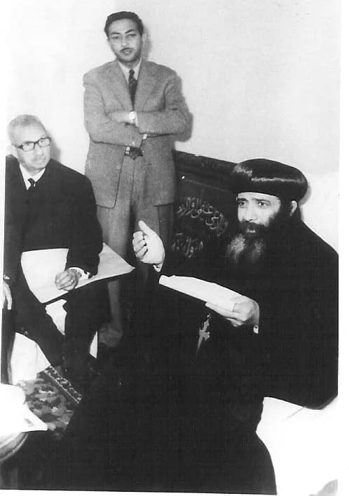 Pope Shenouda III of Alexandria - Pope Shenouda III discussing Tel Atrib excavations with Pahor Labib (seated) Chairman of the Committee and Dr Ghalil Mesiha a member.