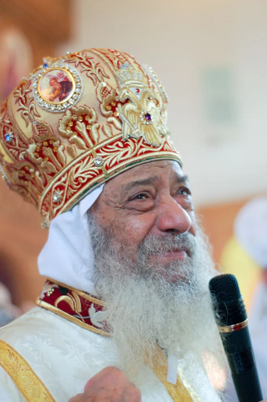 Pope Shenouda III of Alexandria - H.H. Pope Shenouda III clothed in his sacramental vestments during his consecration of St. Antonious and St. Mina, East Rutherford, New Jersey. Taken by Michael Slema