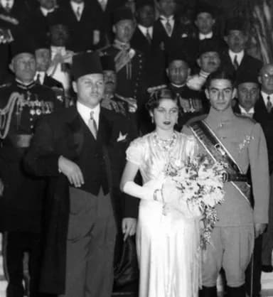 Princess Fawzia Fuad of Egypt - Photograph of the wedding ceremony of Mohammad Reza Pahlavi (then Crown Prince of Iran) and Princess Fawzia of Egypt at Abdeen Palace in Cairo.From left to right: King 