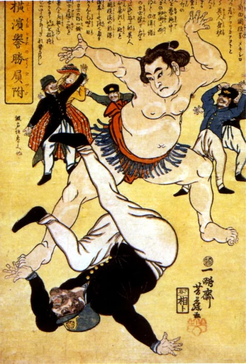 Emperor Kōmei - Sumo wrestler throwing a foreigner at Yokohama. This was a popular theme at the time. Colour woodblock (ukiyo-e).