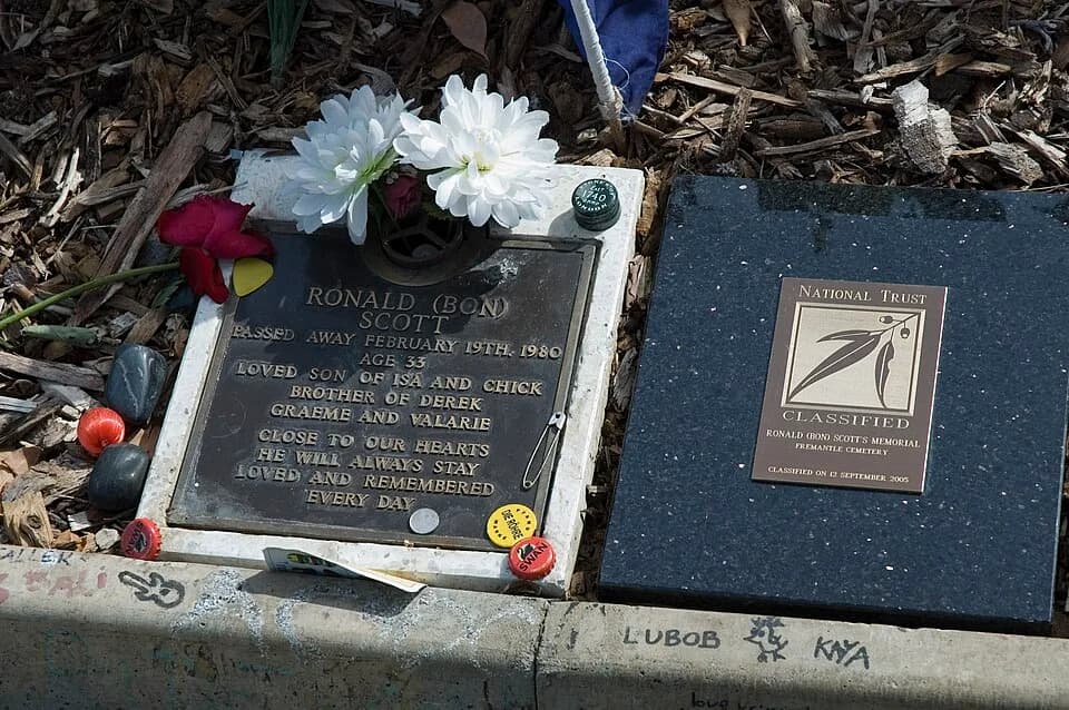 Bon Scott - The grave of Bon Scott in Fremantle Cemetery, Fremantle, Western Australia, a heritage-listed grave site. The National Trust of Australia brass plaque was stolen from the grave site on 9 J