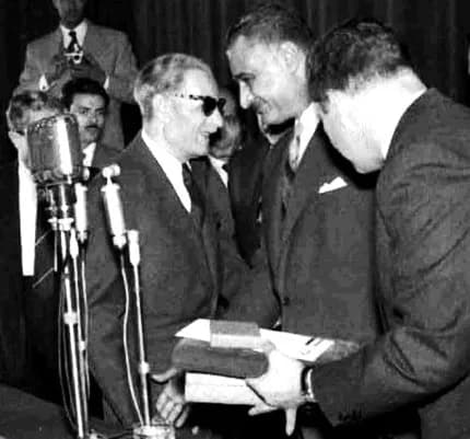 Taha Hussein - Egyptian (UAR) President Gamal Abdel Nasser awarding Taha Hussein the National Honors Prize in Literature