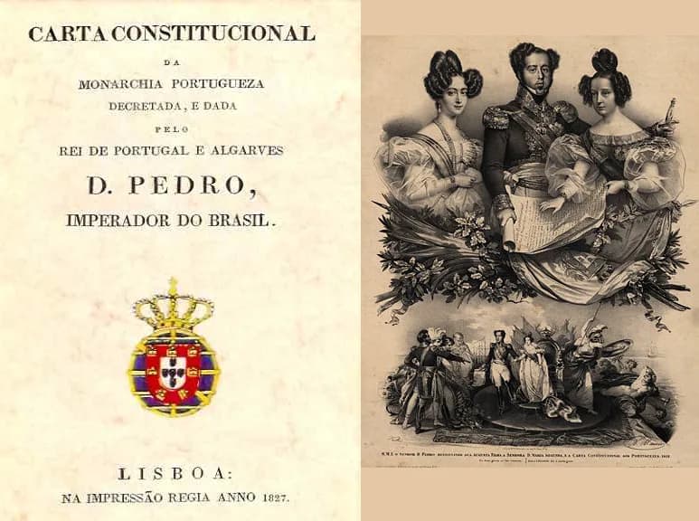 Maria II of Portugal - A carta constitucional e a família real, dona Amélia e o senhor dom Pedro IV, duques de Bragança com a senhora dona Maria II, rainha de Portugal.