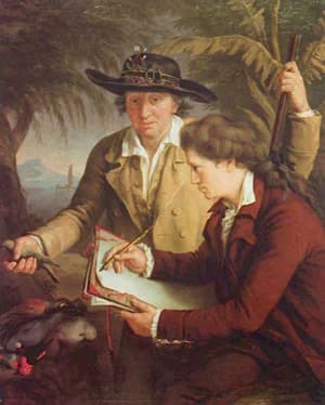 Georg Forster - A man in a hat with a Forstera sedifolia on the brim holds a New Zealand bellbird. A younger man is depicted drawing.
According to the letters of Therese Huber[1], the painting was inh