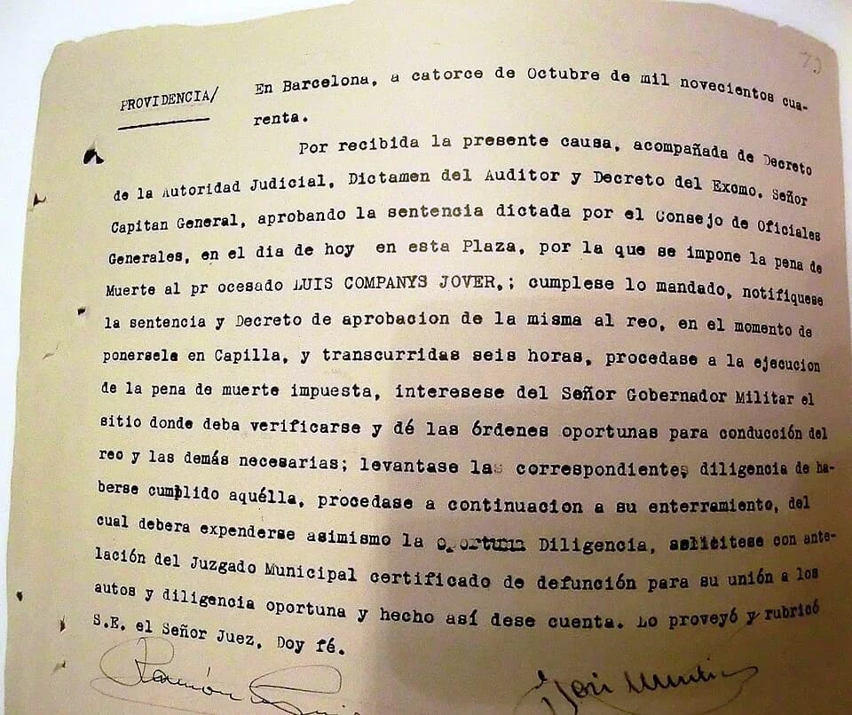 Lluís Companys - Sentencia de ejecución de Lluís Companys