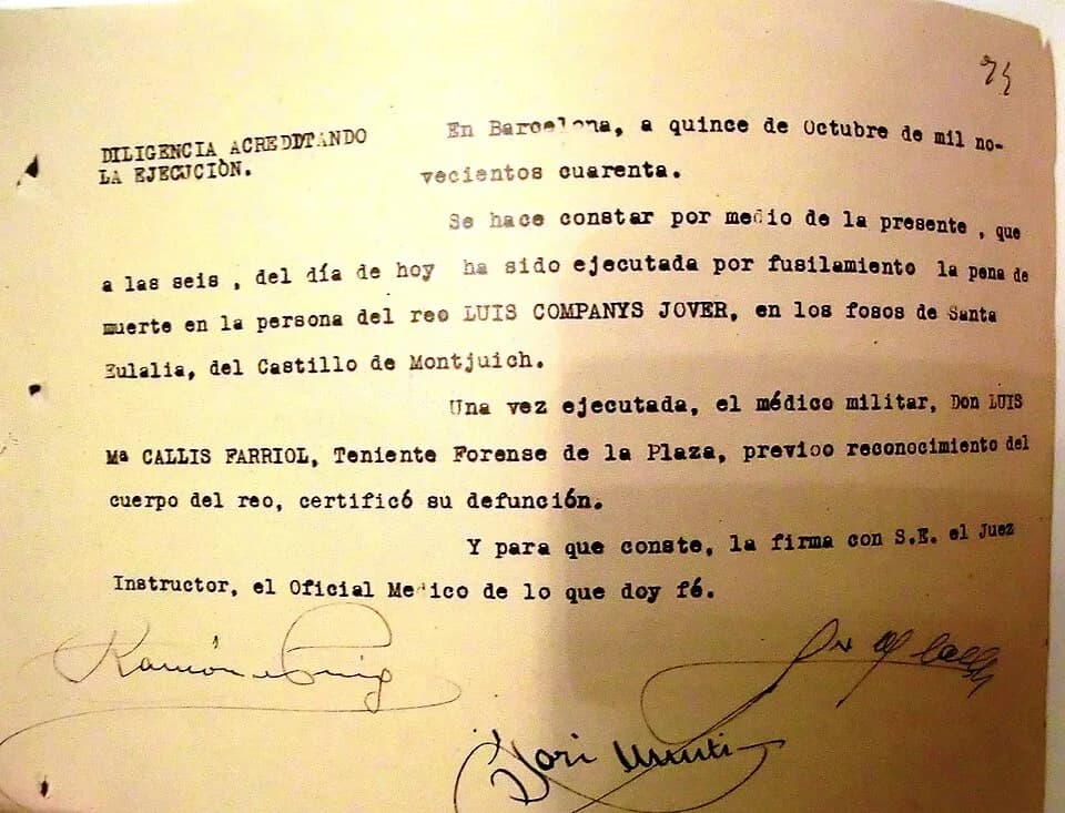 Lluís Companys - Certificado de ejecución de Lluís Companys