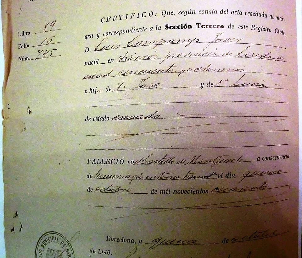 Lluís Companys - Certificado de defunción de Lluís Companys