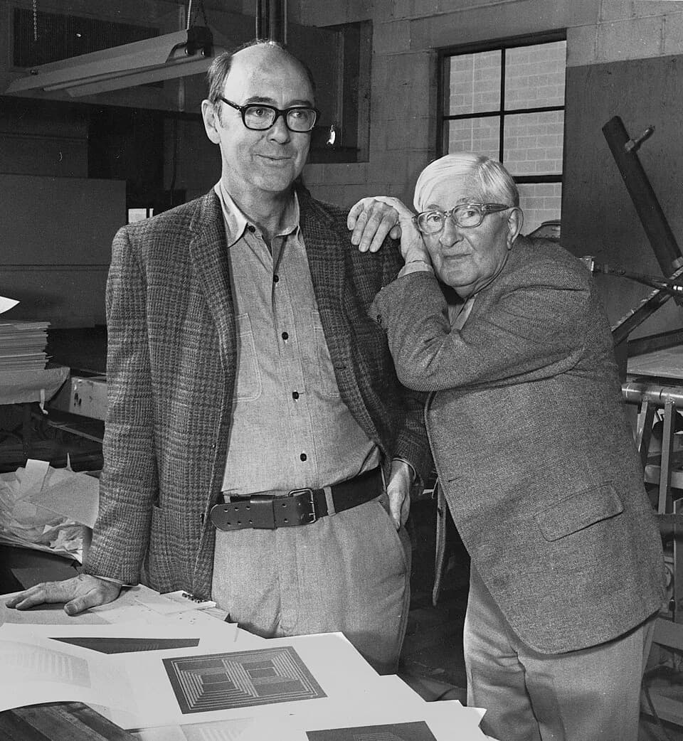 Josef Albers - Norman Ives and Josef Albers during production of "Josef Albers: Formulation:Articulation" - Sirocco Screen-printing, North Haven, CT - 1972