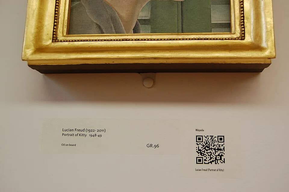 Lucian Freud - QRpedia code under Lucian Freud's Portrait of Kitty at The New Art Gallery Walsall, England.