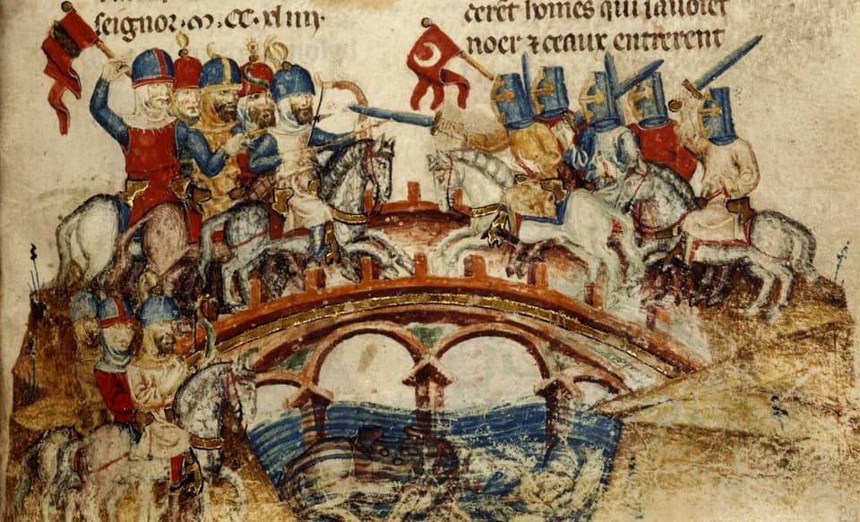 Béla IV of Hungary - Miniture from a copy of Hayton of Corycus's La Flor des estoires de la terre d'Orient in the Austrian National Library, illustrating his account of the Battle of Mohi in 1241 betw